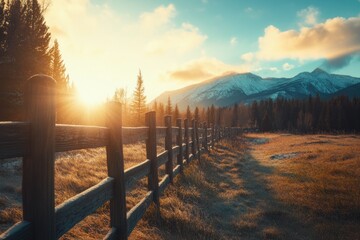 Wall Mural - Wooden fence in rural landscape