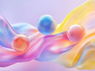 Poster - A serene abstract artwork featuring pastel blue and pink waves intertwined with translucent floating bubbles on a light background