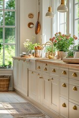 Canvas Print - Bright Kitchen With Light Cabinets And Flowers