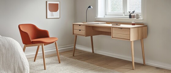 Canvas Print - Modern Wooden Desk with Orange Chair in Room