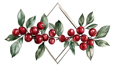 Poster - Watercolor Painting of Red Berries and Green Leaves