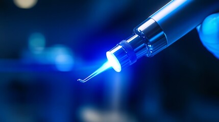 Poster - A dental professional prepares to utilize advanced laser technology in a clinical setting. The tool emits a focused blue light, emphasizing precision and innovation in dental treatments.
