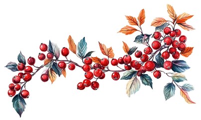 Wall Mural - Watercolor Painting of Red Berries and Autumn Leaves