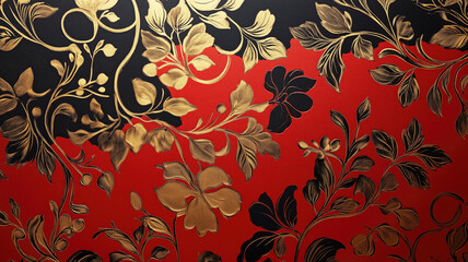 Wall Mural - A red, black, and gold background with many luxurious attributes and grainy spots. Ideal as wallpaper for luxury products.
