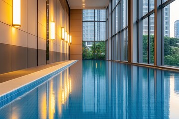 Sticker - Refreshing swimming pool with clear turquoise water reflecting golden light in modern indoor setting