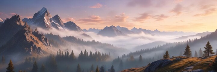 Wall Mural - Serene mountain landscape with misty morning fog rolling in, calm, fog