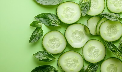 Wall Mural - Sliced cucumbers and basil leaves arranged on a green background