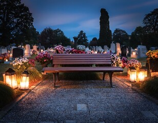 Wall Mural - Generated image All saints day A bench in a cemetery surrounded by flowers and candlelight