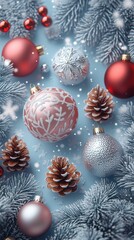 Wall Mural - Holiday decorations featuring red and silver ornaments among pinecones and frosted evergreen branches create a festive winter atmosphere