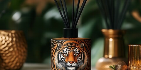 Canvas Print - Decorative tiger-themed diffuser sits on a stylish table surrounded by gold-colored vases and greenery, creating a visually striking and inviting ambiance in a modern setting