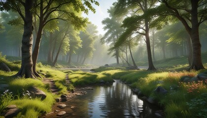 Wall Mural - peaceful forest glade with a river in the distance, serene, nature