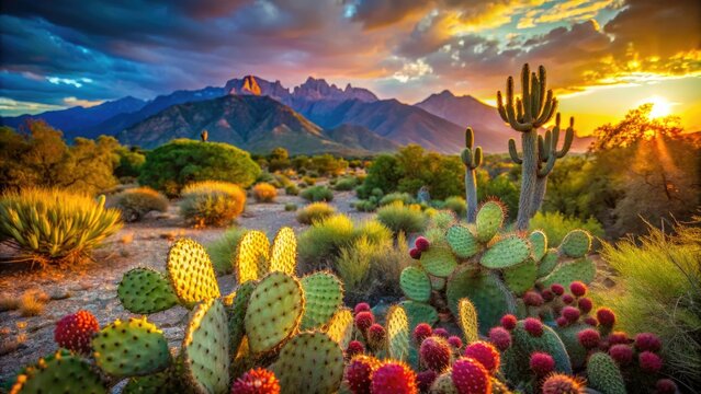 Arizona Cactus Forest Trail: Bokeh Desert Landscape, Santa Catalina Mountains