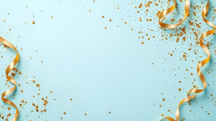 Wall Mural - confetti, golden glitter, and party streamers on soft pastel blue background with copy space. minima