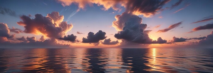 Wall Mural - Clouds with wispy tendrils stretch out over the water as day turns to night, sea, horizon