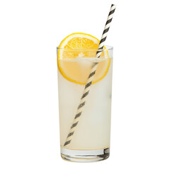 Wall Mural - Refreshing lemonade drink with lemon slice and striped straw isolated on transparent background