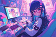 © Anita - A vibrant anime-style scene of a girl gaming at her colorful desk filled with cute items.