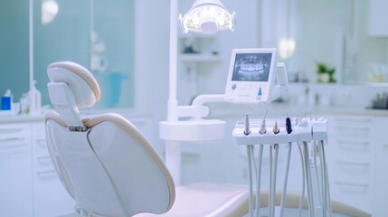 Poster - A dental chair is positioned in a bright and organized clinic, surrounded by modern dental tools and equipment. The environment is sterile, emphasizing patient comfort and advanced technology.