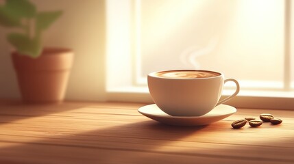 Sticker - Steaming coffee, saucer, beans, wooden table, sunlight.