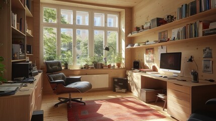 Canvas Print - Sunlit Wooden Home Office With Large Window And Eames Chair