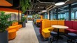 © angel_nt - Spacious office interior showcases a blend of colorful seating areas and greenery, creating a lively atmosphere for collaboration and creativity during work hours