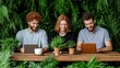 © angel_nt - Three friends are engaged in a collaborative work session at a wooden table surrounded by vibrant green plants. They are smiling while using their laptops and taking notes