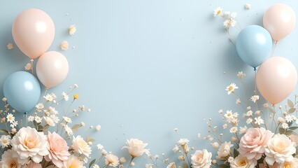 Wall Mural - a soft pastel birthday party with light blue and beige tones, and minimal use of flowers and balloon