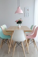 Canvas Print - Pastel Dining Room Decor With Wooden Table And Chairs