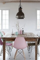 Canvas Print - Rustic Wooden Dining Table Pastel Chairs Industrial Light