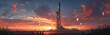 © vadosloginov - Rocket standing tall against a vibrant sunset in a launch area with crew preparing for mission