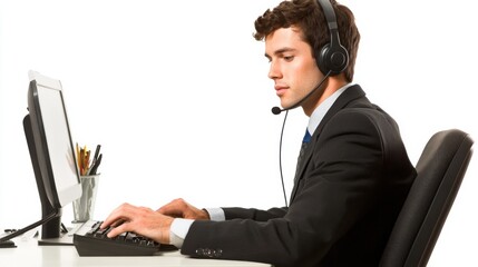 Aufkleber - Male administrative assistant in professional attire using headset while working at a computer desk during office hours