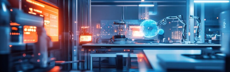 Fototapete - Futuristic laboratory filled with advanced technology, robotic arms, and digital displays during a night setting