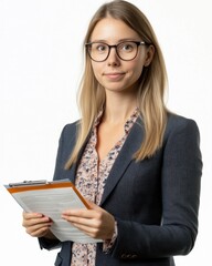 Aufkleber - Female policy analyst in professional attire holding clipboard in office setting