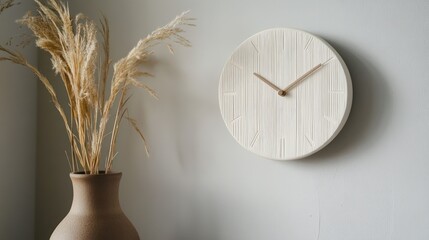 Wall Mural - Minimalist off-white wall clock with pampas grass.