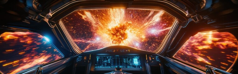 Poster - Spectacular view of a supernova explosion from a futuristic spacecraft cockpit in deep space