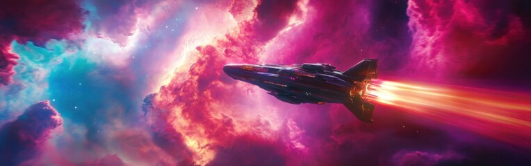 Poster - Spaceship travels through colorful cosmic clouds in an exhilarating journey beyond the stars
