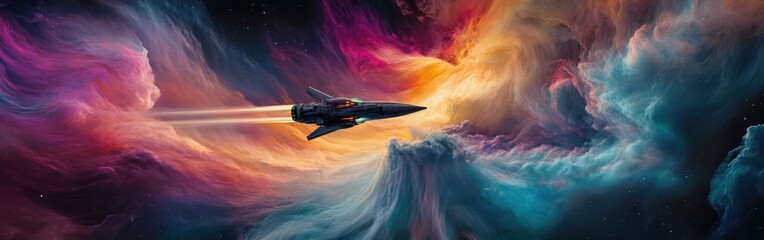 Poster - Spaceship soars through vibrant cosmic nebula in a breathtaking display of colors and energy