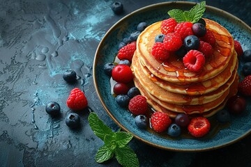 Wall Mural - Stack of pancakes topped with fresh raspberries, blueberries and maple syrup.