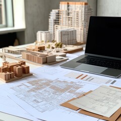 Leinwandbilder - Urban planner's desk showcasing city models and blueprints in a modern workspace setting during the daytime