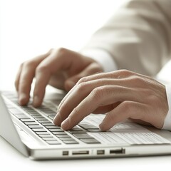 Poster - Hands of an economist analyzing data on a laptop during a work session in a bright environment