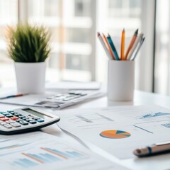 Poster - Close-up view of a tax examiner's desk with financial documents and office supplies in a modern workspace