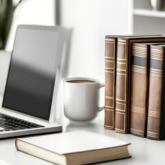 Poster - Close-up view of a counselor's desk featuring a laptop, books, and a coffee mug in a well-lit office setting