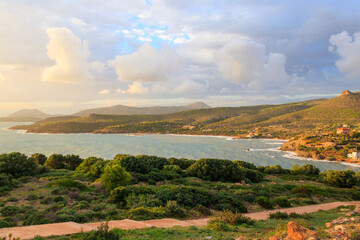 Canvas Print - Panoramic view of the bay of Cape Sounio during golden hour in Attica, Greece near the archaeological temple of Poseidon