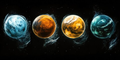 Wall Mural - Four colorful planets in night sky