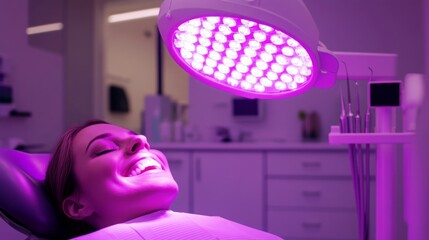 Poster - A patient enjoys a laser dentistry treatment in a bright, modern clinic. Advanced technology and soothing lighting create a comfortable atmosphere for dental procedures focused on oral health.