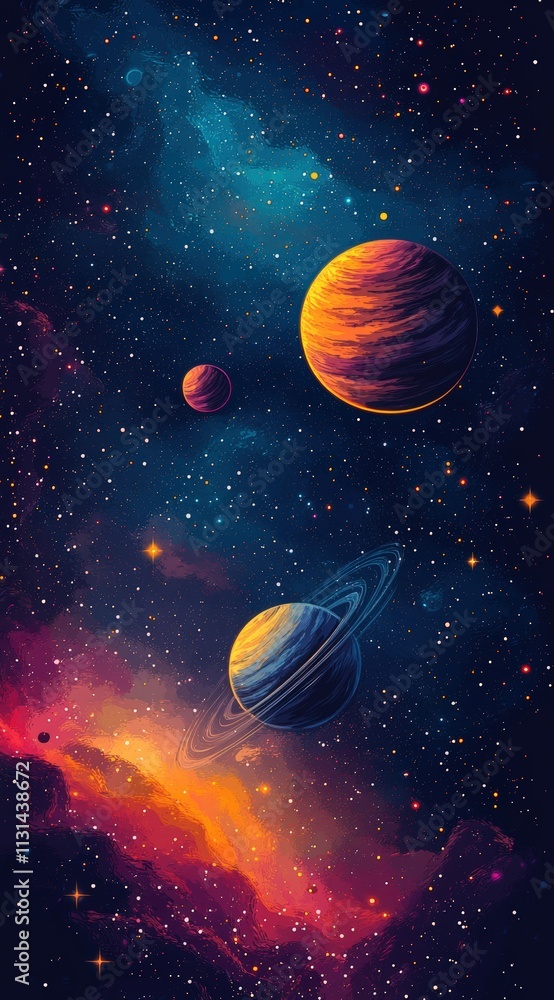 Vibrant cosmic artwork depicting planets, nebula, and stars in a ...