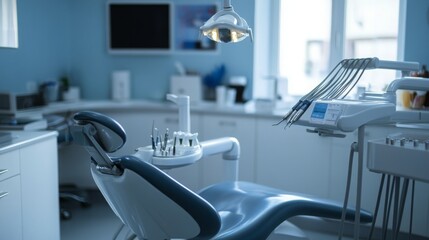 Poster - A modern dental office features a comfortable treatment chair surrounded by advanced instruments and equipment.