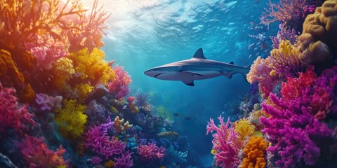 Canvas Print - Shark swimming through coral reef