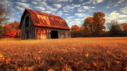 Poster - red barn in autumn