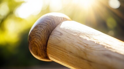 Wall Mural - A detailed view of a baseball bat’s barrel with a focus on the wood grain and handle texture, outdoor setting with bright sunlight, Detailed style