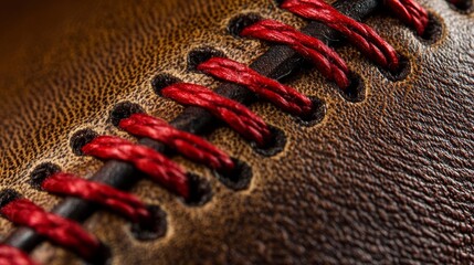 Wall Mural - A detailed view of a baseball stitching with a focus on the red threads and leather texture, outdoor setting on a baseball field, Vintage style